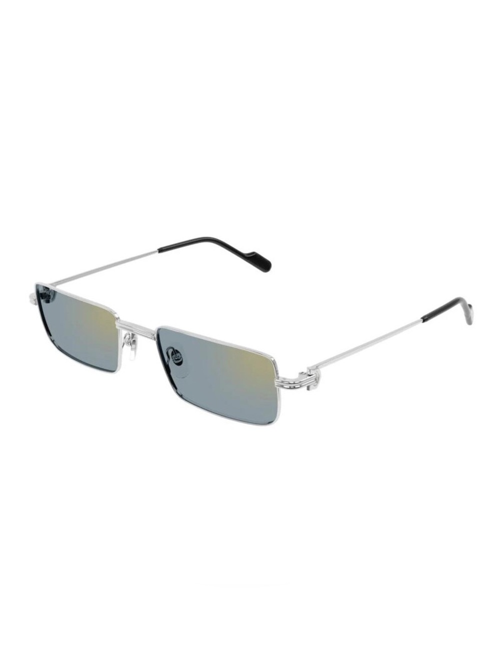 Cartier Silver Rim Rectangular Sunglasses with Blue-Gray Mirrored Lenses